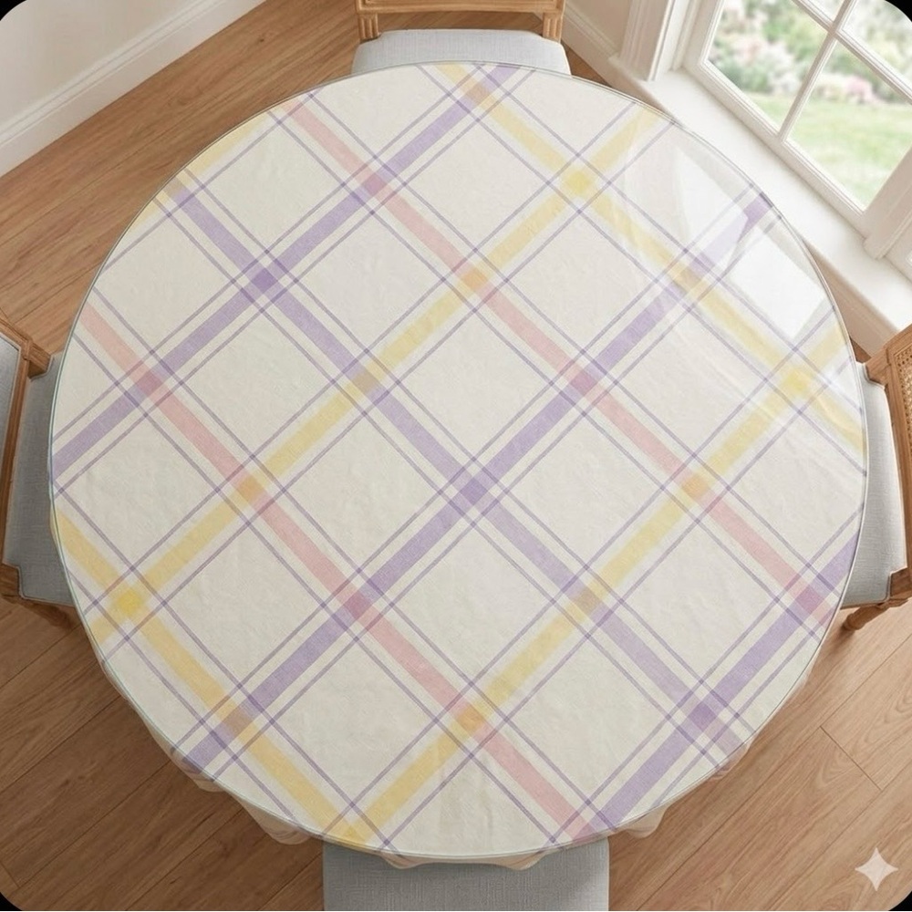NOS Vintage 70s Vera Neumann Vinyl Spector Plaid Pastel Round Tablecloth 70”
